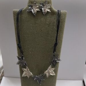 Silver Tone Leaf Pendant Necklace and Earring Set - Black Cord